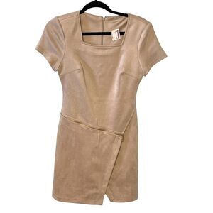 Calvin Klein Tan Faux Suede Dress Square Neck Zipper Accent Short Sleeve Sz 4